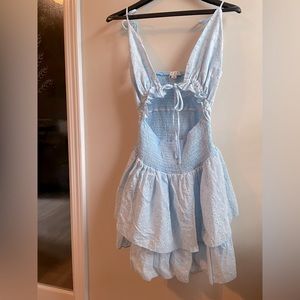 Boutique light blue ruffle dress with middle cutout womens M